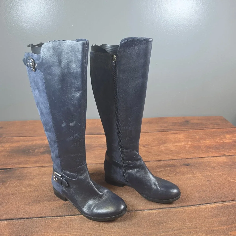 Marc Fisher Riding Boots Women 7W Navy Blue Good Leather Suede Wide Calf A281483